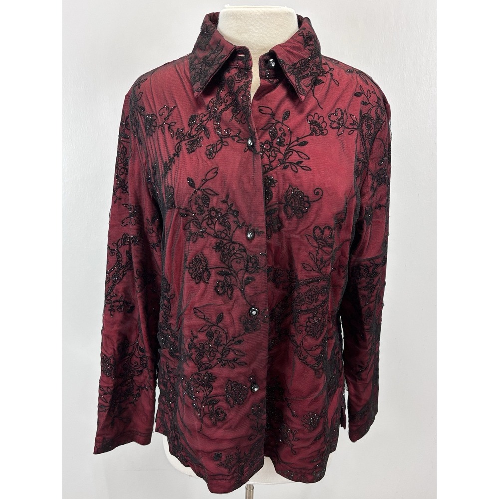 Coldwater Creek Mesh Lace Shirt Sz Large Whimsigoth Fairy Black Red Sparkle